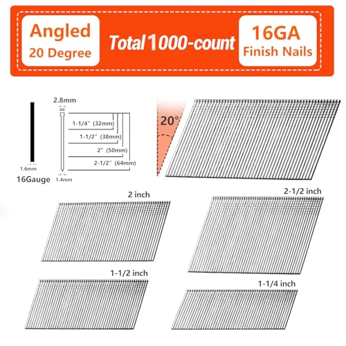 16 Gauge 20 Degree Angled Finish Nails 1-1/4" 1000-Pack Galvanized - size: 1-1/4"-1000 pcs