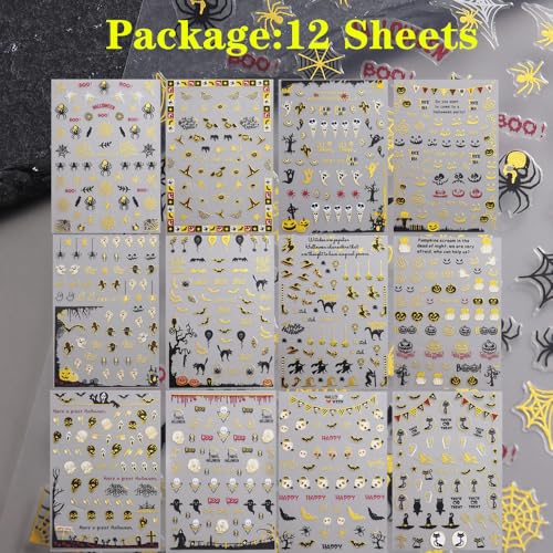 12 Sheets Halloween Nail Stickers for Nail Art,3D Self-Adhesive Nail Decals - color: Halloween Golc