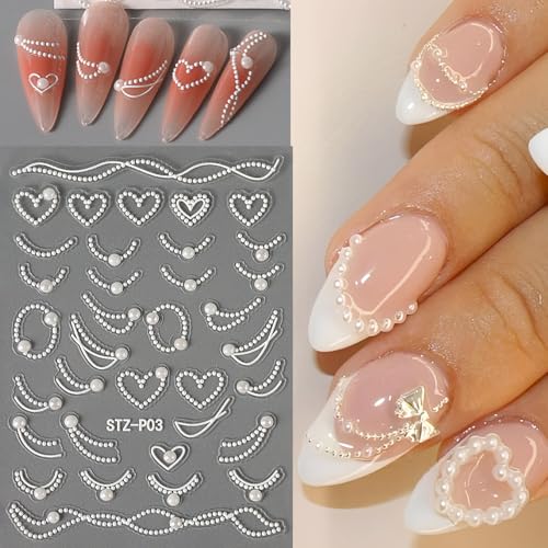 5 Sheets Emboss White Pearl Nail Stickers with Tweezers French Tip Lace Design Decals Romantic Self-Adhesive Slider Manicure Decoration Nail Art Supplies for Women