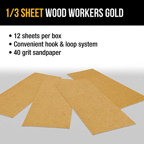 Dura-Gold 1/3 Sheet Gold Sandpaper Sheets, 40 Grit, Box of 12, Hook & Loop - size: 40-Grit