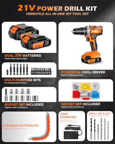 21V Cordless Drill Set with Case | Easy to Control & Lightweight - size: Standard Kit