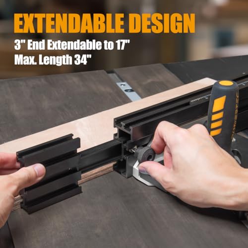 POWERTEC Precision Miter Gauge System for Table Saw Kit w/Telescoping Fence | 11 Preset Angle Stops, Extension Fence with Scale and Flip Stop (71766) - style: Telesoping Miter Gauge Set