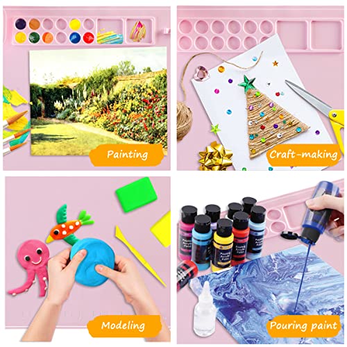 SHNOKER Silicone Craft Mat 21.7"x17.7" Super Large Silicone Painting Mat with 1 Magnetic Cup and Color Palette for Kids and Artist (Pink) - color: Pink