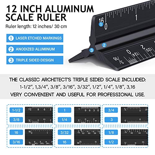 6 Pcs 12 Inch Architectural Engineering Scale Ruler Set Aluminum Triangular Drafting Tool with Metal Standard Ruler and 6 in 1 Tech Tool Pen for Architects, Draftsman and Engineers Drafting Blueprints