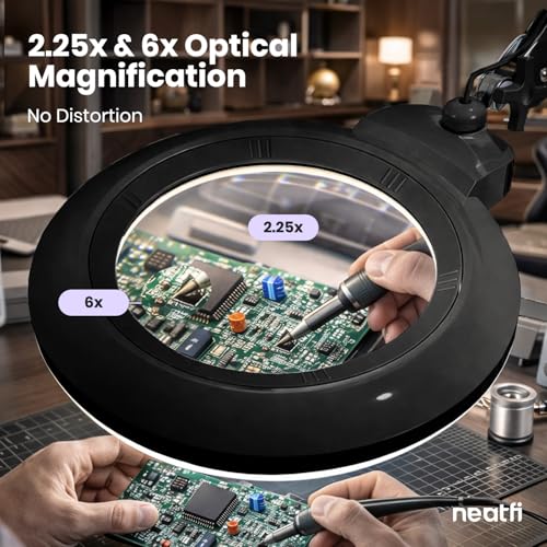 Neatfi LED Magnifying Lamp with Base, 1,600 Lumens, 2.25X/6X (Black) - color: Black, size: 7-inch Lens, Non-CCT with Base