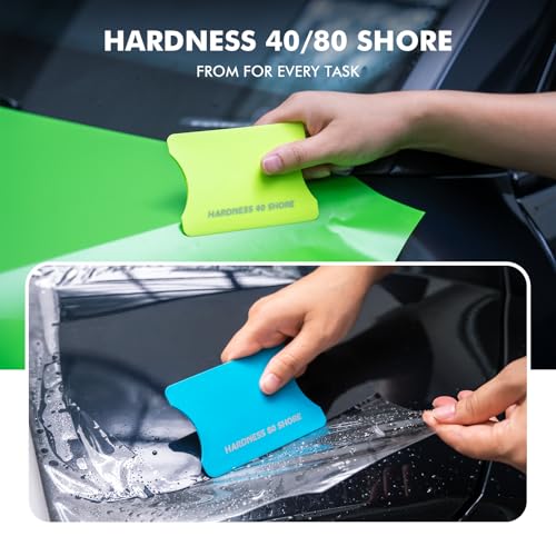 FOSHIO 2 Pack Squeegee for Vinyl – Green 40° Soft Hardness & Blue 80° Firm Hardness Scratch Free Small Squeegee Vinyl Squeegee Tool for Car Wrap, Window Tint, PPF, Decals - color: Green & Blue