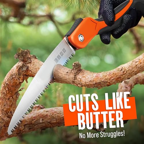 Folding Camping saw 9 Inch - Heavy Duty Pruning Saw with Triple-Cut SK5 Blade, 7 TPI Razor Teeth for Tree Trimming, Wood Cutting, Camping, Bushcraft, and Gardening - size: 9 INCH (Orange)
