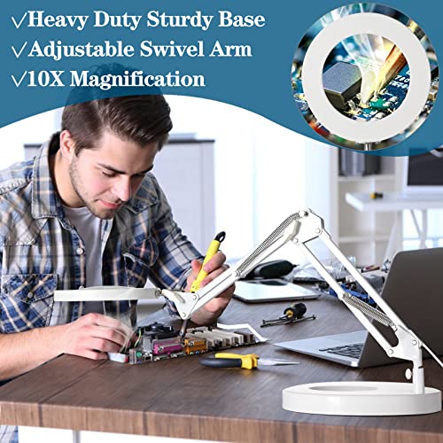 HITTI 10X Magnifying Glass with Light, 1,800 Lumens Stepless Dimmable - color: White, size: 10X 9.06 INCH Base & Clamp