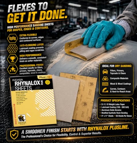 Indasa 50 PCS 9x11 Sandpaper Rhynalox Plusline - 100 Grit Dry Sanding Sheets, Professional-Grade Abrasive for Wood, Metal, Automotive, and Paint Finishing - Durable, Clog-Resistant Sand Paper - size: 100 GRIT 9x11" Rhynalox