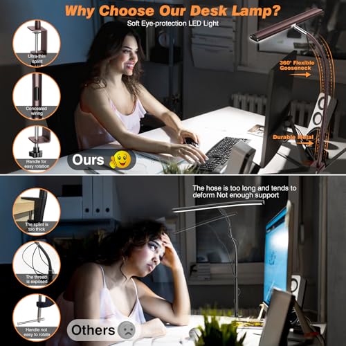 Airlonv LED Desk Lamp with Clamp, 17" Stepless Dimming Light, Brown - color: Brown, size: Standard