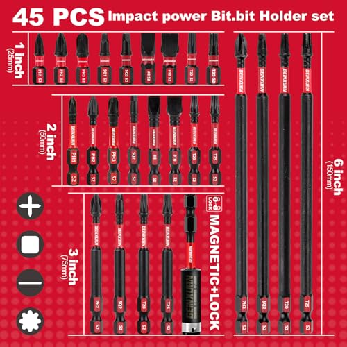 GEINXURN Impact Tough Magnetic Mixed 45Pack Insert Driver Bits, S2 Alloy Steel Screwdriver Power Bits Set with 1Pcs Impact Magnetic Bit Holder - size: Mixed-45Pcs