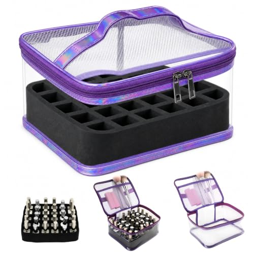 Clear Nail Polish Organizer,Holds 30 Bottles PVC Nail Polish Organizer Case Manicure Tools Nail Polish Storage Portable Nail Tech Travel Bag for Nail Supplies（Purple） - color: Purple