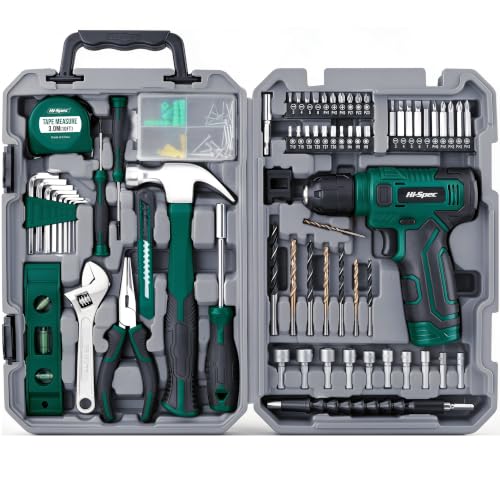 Hi-Spec 8V USB Power Drill Driver and Home Tool Kit with Toolbox Set, Green - color: Green, size: 130-Piece