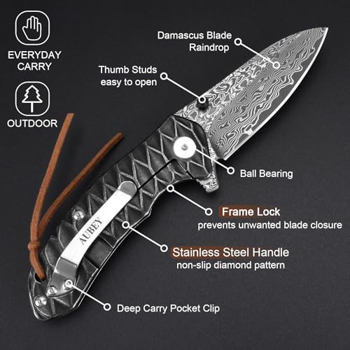 AUBEY Damascus Pocket Knife for Men, Forged 2.95" Damascus Steel Blade DMHY
