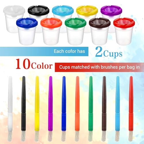 20 PCS No Spill Paint Cups with Lids, Painting Cups and Brushes Set, Spill Proof Paint Brush Cup Art Supplies for Learning Activities