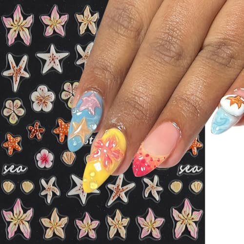 2Pcs Summer Nail Art Stickers 5D Embossed Self-Adhesive Nail Decals Starfish Bow Flower Sea Nail Design Stickers Summer Beach Theme Nails Art Supplies for Women Manicure Decorations - style: starfish flower