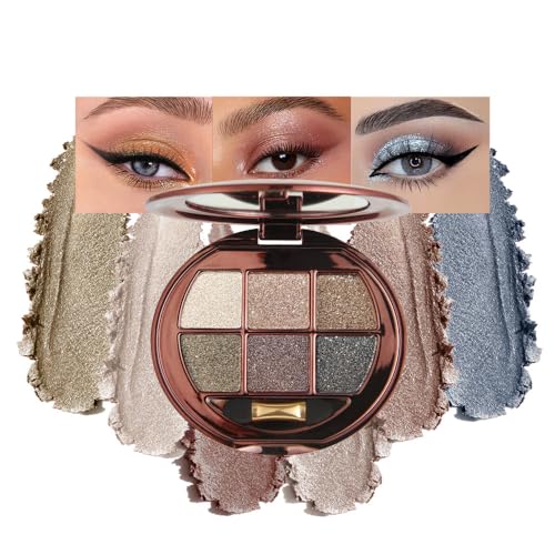 Neutral Champagne Taupe Shimmer Eyeshadow Palette with Mirror and Sponge Applicator, 6 Colors High Pigment Frost Shimmery Everyday Eye Shadow Makeup for Older Women, Brightening Eye Travel Size 02# - color: L-#02
