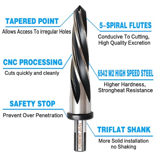 DKIBBITH 15/16" Bridge Construction Reamer Drill Bit, M2 HSS Taper Chucking Reamer for Steel Alloy Metal Wood Plastic, 1/2" Non-Slip Shank, 5-Spiral Flutes Car Reamer, to Align or Enlarge Holes, 24mm - size: 15/16"