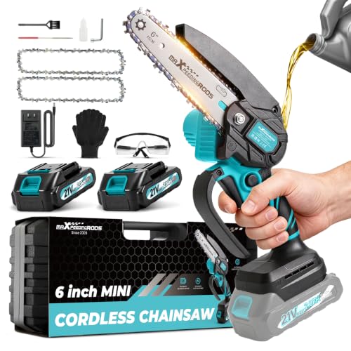 maXpeedingrods Mini Chainsaw Cordless, 6 inch Small Chainsaw Electric Saw - color: Blue 2 Batteries