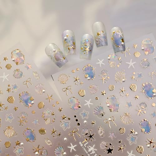 1 Sheet Summer Ocean Nail Art Stickers 5D Embossed Seashell Starfish Nail Stickers Pearl Crystal Diamond Bow Design Gold Beach Shells Nails Supplies Y2K Manicure Decorations for Women DIY Manicure - color: Summer Starfish