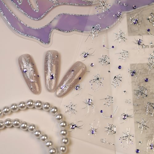 1 Sheet Gothic Halloween Spider Nail Stickers for Nail Art 5D Embossed Self Adhesive Nail Decals Purple Spider Silver Spider Web Spiders Design Halloween Nail Supplies for Women DIY Manicure Decor - color: Purple Diamond Spider