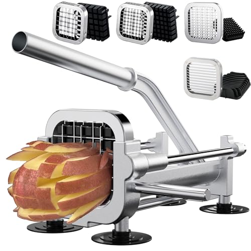 French Fry Cutter with Apple Slicer, Heavy Duty Stainless Steel Potato Cutter for Fries, Sweet Potato, Carrot, Cucumber, Lemon, Pear. 1/2” & 3/8” & 1/4” Cutter + 12-Grid Fruit Slicer. - size: 3 + 1 Slicer Cutter