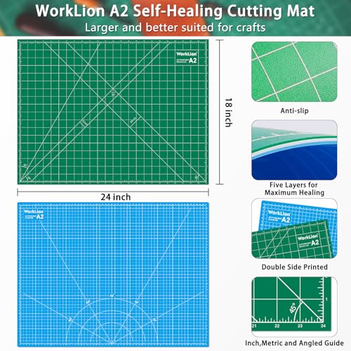 WORKLION 18'' x 24'' Large Self Healing PVC Cutting Mat, Double Sided, Gridded Rotary Cutting Board for Craft, Fabric, Quilting, Sewing, Scrapbooking - Art Project… - color: Green/Blue, size: 24"L x 18"W