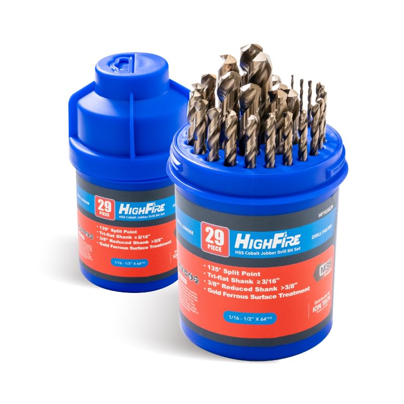 HIGHFIRE 29 PCS M35 Cobalt Drill Bit Set, HSS Twist Jobber Drill Bits with 135 Degrees Split Point and Three-Flat Shank, 3/8” Reduced Shank, Gold Oxide Metal Drill Bits Set (1/16” - 1/2” x 1/64”) - size: 1/16-1/2 in x 1/64 in M35 Cobalt (29 pcs)