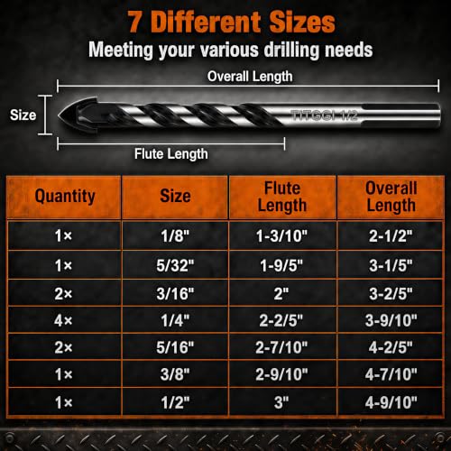 12-Piece Masonry Drill Bit Set & Concrete Drill Bit Set, 7 Sizes, 1/8"-1/2" - size: 12 pcs 1/8"-1/2" 7 Sizes