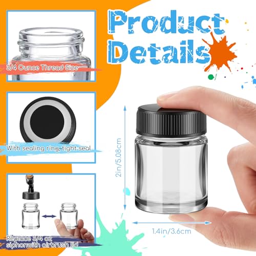 Teenyyou 24 Pack Airbrush Glass Jar Bottles 3/4 Ounce (22cc) Empty Replacement Jars with Plastic Lids Paint Storage Bottles for Pigment Screw into Siphon Feed Airbrush Lid Adaptor Assemblies