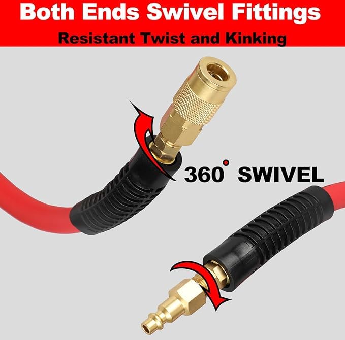 Keepro Hybrid Air Hose, Flexible 1/4 Inch ID By 10 Feet Long Lead-in Short Air Compressor Hose with Swivel Solid Brass 1/4" Industrial Quick Coupler and Plug, 300 PSI Maximum Pressure, Red - size: 10 FT