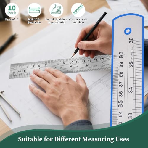 36 Inch Metal Ruler 10 Pack with Inch/Metric Conversion Table - size: 36-inch
