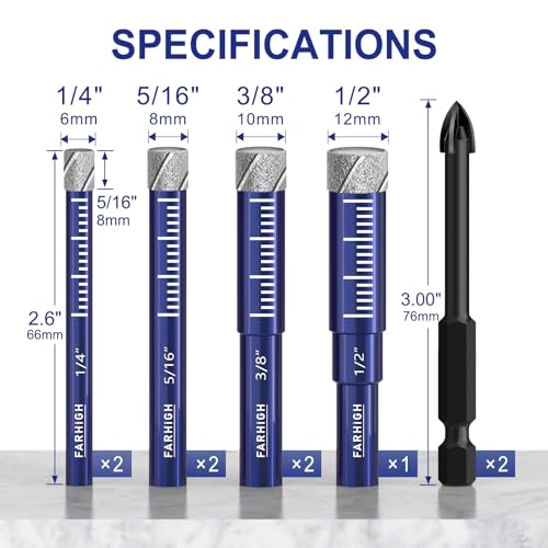 9 Pcs Diamond Drill Bit Set,1/4",5/16",3/8",1/2", Ceramic, Tile Drill Bits