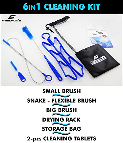 Hydration Bladder Cleaning Kit 6in1 - Clean and Maintain 2L and 3L Water Bladders with Ease - Includes 3 Brushes, Drying Hanger, Carry Bag & 2 Cleaning Tablets For Any Camelback Water Pack Backpack