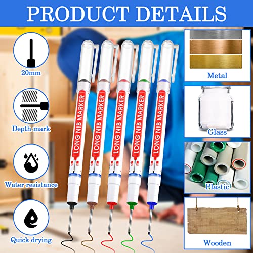 Ireer 60 Pcs Multi Purpose Deep Hole Marker Pens Long Nosed Marker Deep Drill Hole Long Nib Scriber Waterproof Mechanical Carpentry Colorful Marker Pen for Woodworking Hardware Decoration Construction