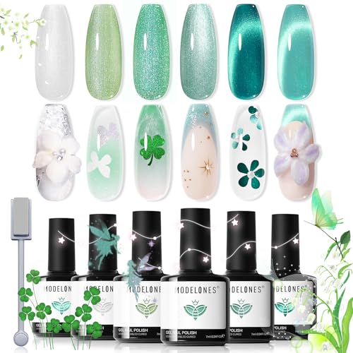 modelones Glitter Cat Eye Green Gel Nail Polish Set, 6 Colors with Magnet - color: B Ocean Palette