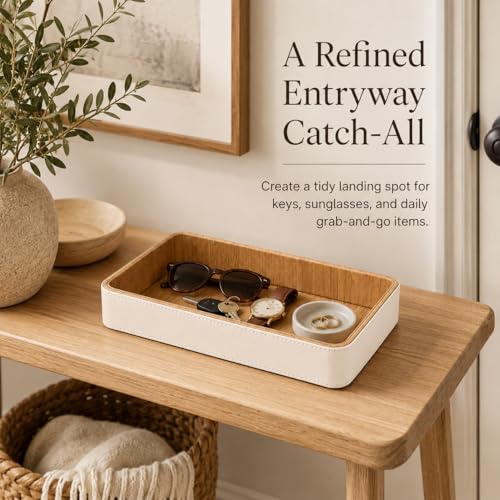 GORESE Rectangle Perfume Tray for Dresser, PU Leather Jewelry Tray for Vanity, Cream White & Wooden - size: 9.8" x 6" x 1.5"