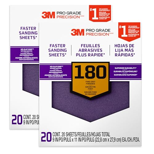 3M 26180CP-P-G 180 Grit Pro Grade No-Slip Grip Advanced Sandpaper (20 Pack), 9 x 11, Purple, 2-Pack - size: 2-Pack (40 Sheets)