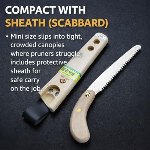 Authentic Japanese Mini Pruning Saw — Pull-Cut Crosscut Blade with Sheath; For Fruit Trees & Shrubs; Hishika, Made in JAPAN (6 in (150 mm)) - size: 6 in (150 mm)