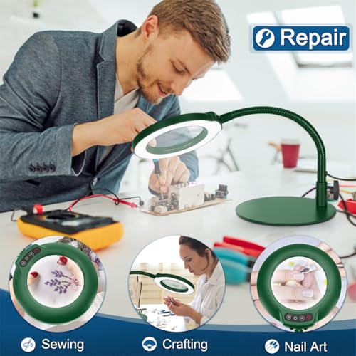 IVMAIE 12X Magnifying Glass with Light, Real Glass Lens, 5 Color Modes Dimmable, Flexible Gooseneck Lighted Magnifier with Stand, LED Desk Lamp Hands Free for Crafts Painting Reading Close Work, Green - color: Green