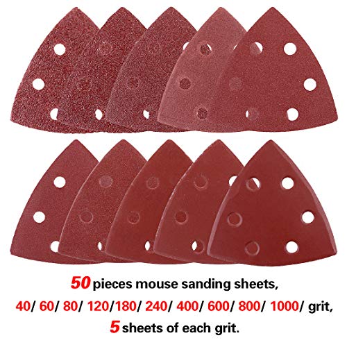Glarks 50-Pieces 90mm / 3.5 Inch Triangle Mouse Detail Sander Sandpaper Sanding Paper Hook and Loop Assorted 40/60/80/120/180/240/400/600/800/1000 Grits for Random Orbital Sander(6 Holes)