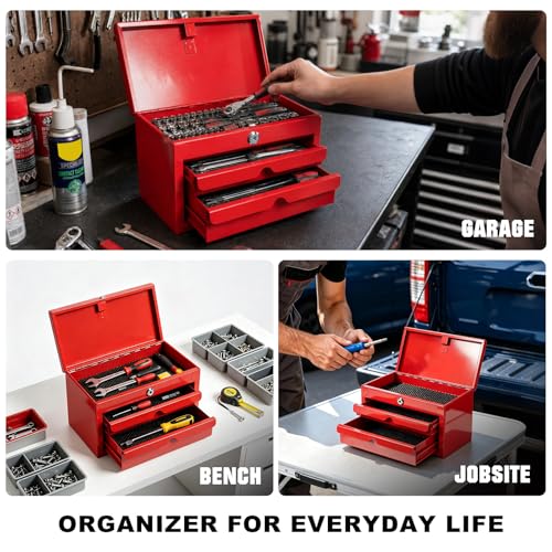 JACK BOSS Mini Tool Box with Two Drawers and Lockable Top Storage,Red - color: Red