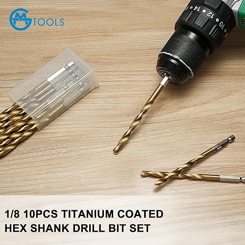 GMTOOLS 10 Pcs 1/8" Titanium Coated Twist Hex Shank Drill Bit Set, 135 Degree Tip HSS Impact Drill Bit Set with Storage Case for Metal, Aluminum, Steel, Wood, Plastic, Quick Change Design - style: 1/8"-10PCS