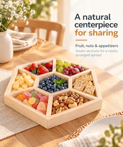 Hammont 7-Section Hexagon Wooden Serving Tray – 2-Pack 10.5" Platter - style: Hexagon Tray - Large