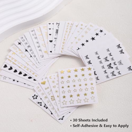 3D Nail Art Stickers Set, 30 Sheets Self-Adhesive Black White Gold Nail Decals Kit with Tweezers Star Heart Flower Letter Bow Design Supplies Accessories for Women DIY Manicure Decoration
