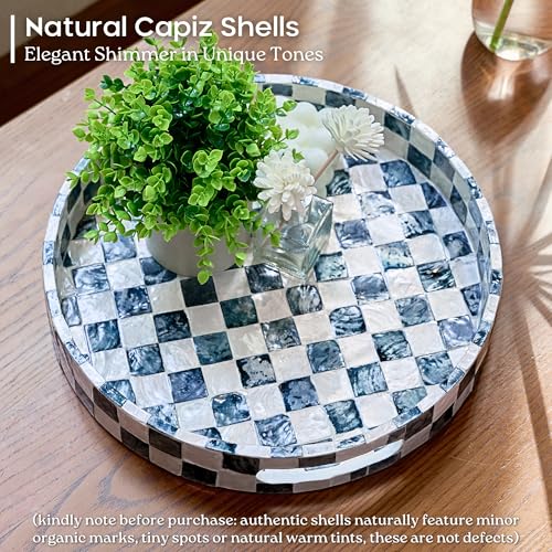 CHI AN HOME 12.6" Capiz Shell Round Decorative Tray with Handles, Navy Blue - color: Navy Blue