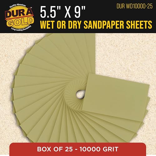 Dura-Gold Premium 10000 Grit Wet or Dry Sandpaper Sheets, 5-1/2" x 9", Box of 25 - Auto Car Color Sanding Detailing, Polishing Wood, Plastic Glass, Epoxy, Stone, Metal Finishing Hand Sand Block Sander