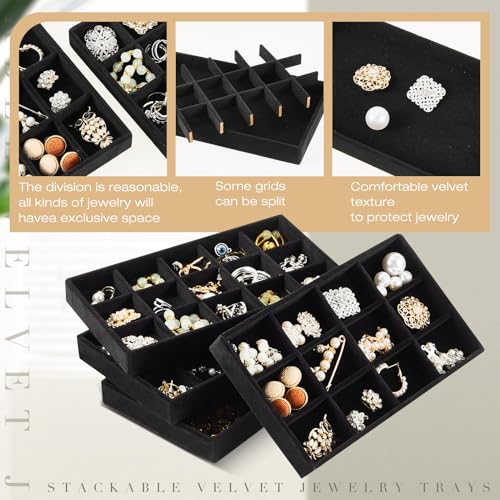 Junkin 12 Pcs Velvet Jewelry Organizer Tray, Stackable Storage - color: Black
