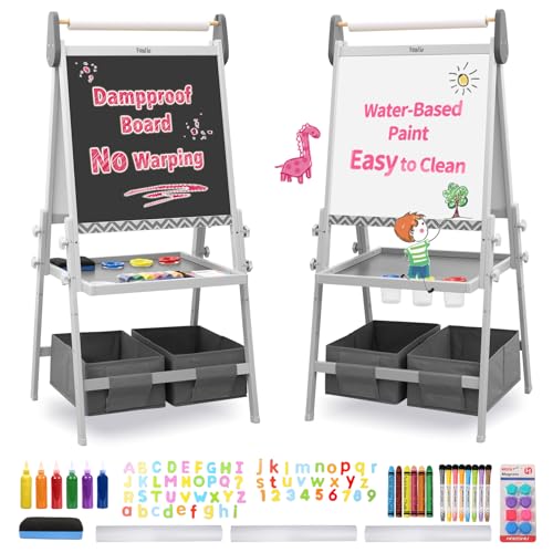 FUNLIO Anti-Warping Kids Art Easel, 3 Height Adjustable for Kids Aged 3-8, All-in-One Toddler Easel with Paper Roll & Erasable Frame, Standing Easel with Magnetic Chalkboard/Whiteboard (Gray) - style: Gray