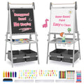 FUNLIO Anti-Warping Kids Art Easel, 3 Height Adjustable for Kids Aged 3-8, All-in-One Toddler Easel with Paper Roll & Erasable Frame, Standing Easel with Magnetic Chalkboard/Whiteboard (Gray) - style: Gray